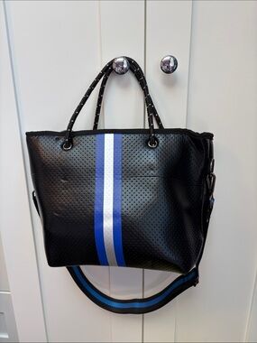 HAUTE SHORE Black Tote with Blue & White Center Stripe